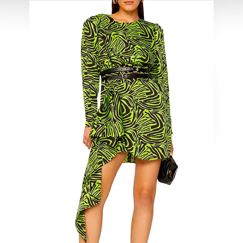 Ronny Kobo Collective size 4 low cut zebra print green dress ruffle animal print